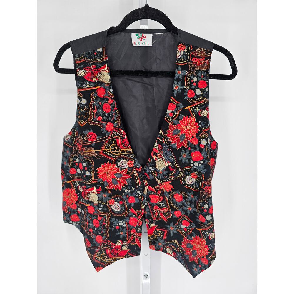 Nut Cracker Women's Multicolor Christmas Santa Floral V-neck Button Vest Size L